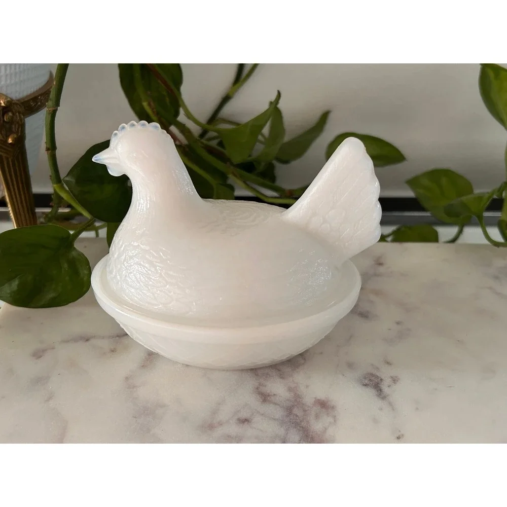 Vintage White Milk Glass Hen on Nest Covered Dish Opalescent Farmhouse Decor